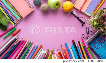 Colorful Border Frame Background with School Supplies and Fruits for Back to School Concept on Pink Surface Colorful Border Frame Background with School Supplies and Fruits for Back to School Concept on Pink Surface 118125091