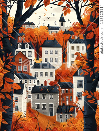 Colorful Back to School Frame Background with Autumn Leaves and Houses for Educational and Seasonal Designs Colorful Back to School Frame Background with Autumn Leaves and Houses for Educational and Seasonal Designs 118125114