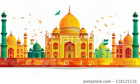Vibrant Illustration of Taj Mahal with Indian Flag Colors Celebrating India Independence Day 118125116