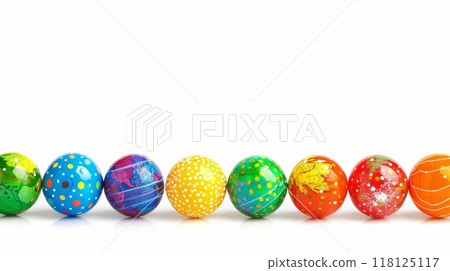 Vibrant and Colorful Education Back to School Background with Brightly Painted Eggs on White 118125117