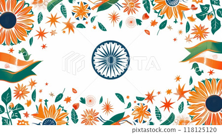 Vibrant India Independence Day Celebration with National Symbols and Floral Patterns in Tricolor Theme Vibrant India Independence Day Celebration with National Symbols and Floral Patterns in Tricolor Theme 118125120