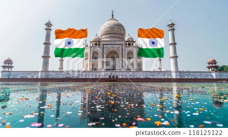 Celebrating India's Independence Day at the Iconic Taj Mahal with Indian Flags and Reflective Water Celebrating India's Independence Day at the Iconic Taj Mahal with Indian Flags and Reflective Water 118125122