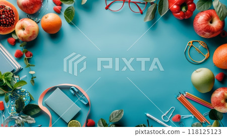 Colorful Border Frame Background with Back to School Supplies and Fresh Fruits on Blue Surface Colorful Border Frame Background with Back to School Supplies and Fresh Fruits on Blue Surface 118125123