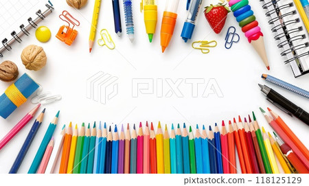 Colorful Education Back to School Background with Stationery Supplies and Pencils for Creative Learning 118125129