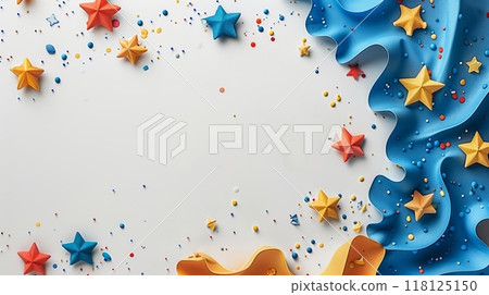Colorful Celebration Background for India Independence Day with Stars and Ribbons in Blue, Yellow, and Red Colorful Celebration Background for India Independence Day with Stars and Ribbons in Blue, Yellow, and Red 118125150