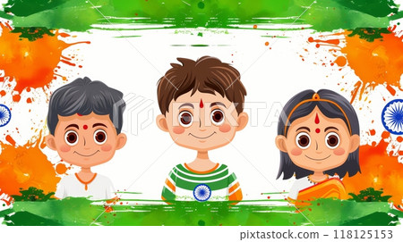 Children Celebrating India Independence Day with Traditional Attire and National Colors 118125153