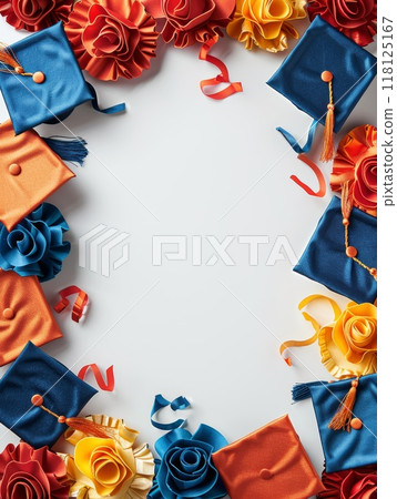 Colorful Back to School Frame Background with Graduation Caps and Paper Flowers for Celebratory and Educational Themes 118125167