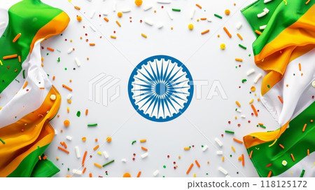 India Independence Day Celebration with Indian Flag Colors and Ashoka Chakra on White Background India Independence Day Celebration with Indian Flag Colors and Ashoka Chakra on White Background 118125172