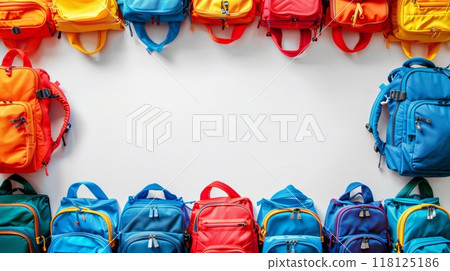 Colorful Education Back to School Background with Vibrant Backpacks Arranged in a Circle on White Background 118125186