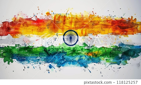 Vibrant Artistic Representation of Indian Flag Celebrating India Independence Day with Splashes of Color and Ashoka Chakra 118125257