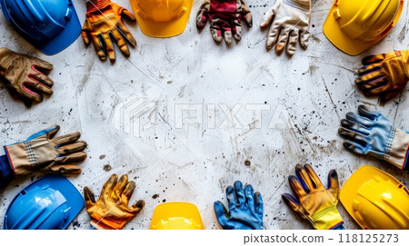 Labor Day Frame Border Background with Colorful Hard Hats and Work Gloves on Grunge Surface 118125273
