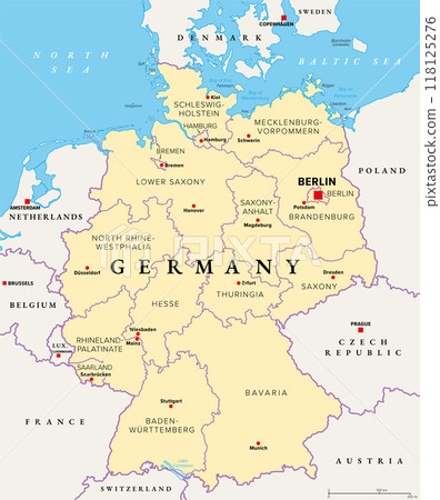 Germany, officially the Federal Republic of Germany, political map. Country in Central Europe with capital Berlin. Map of the 16 constituent states with borders, capitals, and neighbor countries. 118125276