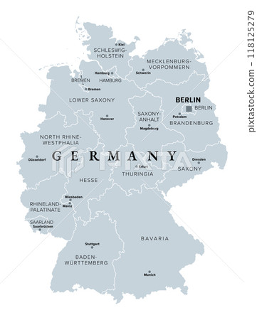 Germany, 16 constituent states with borders and capitals, gray political map. Officially the Federal Republic of Germany, a country in Central Europe with capital Berlin. Isolated illustration. Vector 118125279