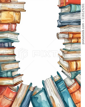 Colorful Back to School Frame Background with Stacked Books for Educational and Academic Themes 118125281