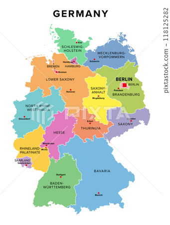 Germany, 16 constituent states with borders and capitals, multi colored political map. The Federal Republic of Germany, a country in Central Europe with capital Berlin. Isolated illustration. Vector 118125282