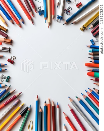 Colorful Back to School Frame Background with Pencils, Clips, and Stationery on White 118125291