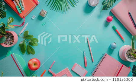 Colorful Border Frame Background with Back to School Supplies and Greenery for Educational and Creative Themes 118125300