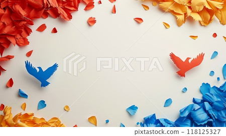 India Independence Day Celebration Background with Colorful Paper Decorations and Birds in National Flag Colors 118125327