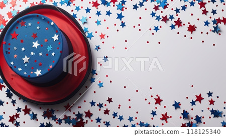 Festive Labor Day Frame Border Background with Patriotic Hat and Star Confetti on White Surface 118125340