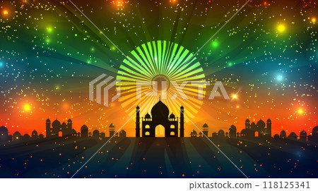 Vibrant Celebration of India Independence Day with Taj Mahal Silhouette and Colorful Fireworks 118125341