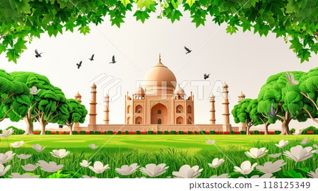 Beautiful Illustration of Taj Mahal with Lush Greenery and Birds Celebrating India Independence Day Beautiful Illustration of Taj Mahal with Lush Greenery and Birds Celebrating India Independence Day 118125349