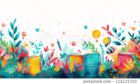 Colorful Education Back to School Background with Books, Pencils, and Balloons in a Vibrant Artistic Style Colorful Education Back to School Background with Books, Pencils, and Balloons in a Vibrant Artistic Style 118125350