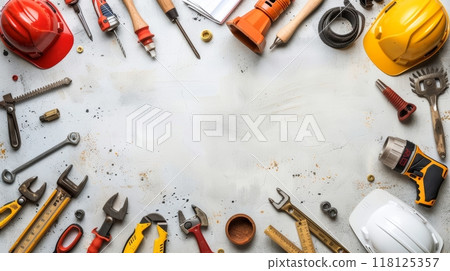 Labor Day Frame Border Background with Various Tools and Safety Gear on a Light Concrete Surface 118125357