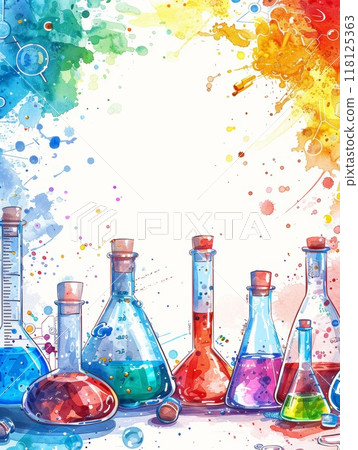 Colorful Back to School Frame Background with Science Lab Equipment and Vibrant Paint Splashes Colorful Back to School Frame Background with Science Lab Equipment and Vibrant Paint Splashes 118125363