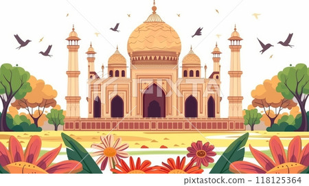 Colorful Illustration of the Taj Mahal with Flowers and Birds Celebrating India Independence Day Colorful Illustration of the Taj Mahal with Flowers and Birds Celebrating India Independence Day 118125364
