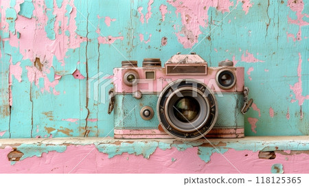 Vintage Camera Celebrating World Photography Day on a Pastel Background of Pink and Teal Peeling Paint Vintage Camera Celebrating World Photography Day on a Pastel Background of Pink and Teal Peeling Paint 118125365
