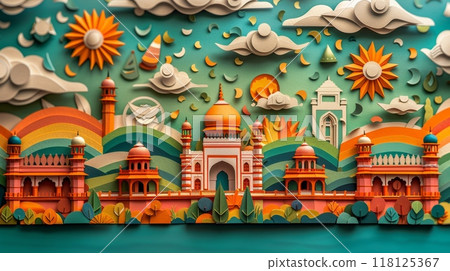 Vibrant Paper Art Celebrating India's Independence Day with Iconic Monuments and Cultural Symbols 118125367