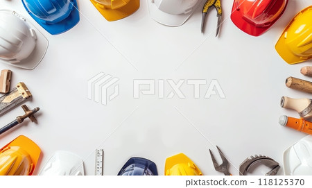 Labor Day Frame Border Background with Construction Tools and Safety Helmets on White Surface Labor Day Frame Border Background with Construction Tools and Safety Helmets on White Surface 118125370