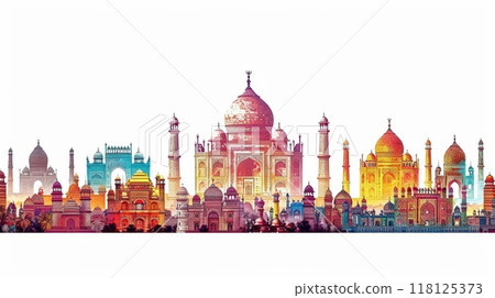Vibrant Illustration of Indian Monuments Celebrating India Independence Day with Colorful Artistic Design Vibrant Illustration of Indian Monuments Celebrating India Independence Day with Colorful Artistic Design 118125373
