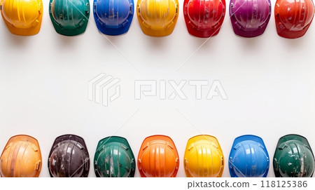 Colorful Hard Hats Frame Border Background Celebrating Labor Day with Safety and Unity Concept Colorful Hard Hats Frame Border Background Celebrating Labor Day with Safety and Unity Concept 118125386