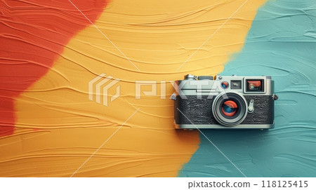 Vintage Camera on Colorful Pastel Background Celebrating World Photography Day with Artistic Texture Vintage Camera on Colorful Pastel Background Celebrating World Photography Day with Artistic Texture 118125415