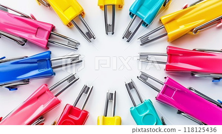 Vibrant and Colorful Back to School Education Background with Assorted Stationery Supplies in a Circular Arrangement 118125436