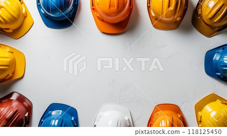 Colorful Construction Helmets Forming a Frame Border on White Background for Labor Day Celebration Concept 118125450