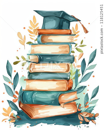 Colorful Back to School Frame Background with Books and Graduation Cap for Educational and Academic Themes 118125451