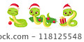 Cute snake characters with smiling faces. Merry christmas and Happy new year 2025 invitation card. 118125548