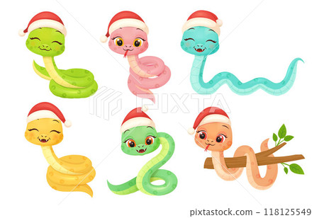 Cute snake characters with smiling faces. Merry christmas and Happy new year 2025 invitation card. 118125549
