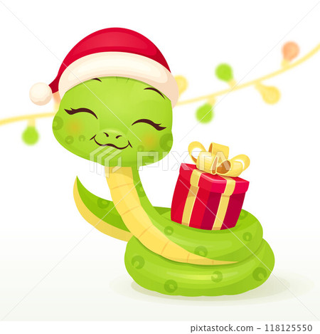 Cute snake characters with smiling faces. Merry christmas and Happy new year 2025 invitation card. 118125550