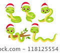 Cute snake characters with smiling faces. Merry christmas and Happy new year 2025 invitation card. 118125554