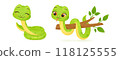 Cute snake characters with smiling faces. Merry christmas and Happy new year 2025 invitation card. 118125555