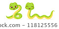 Cute snake characters with smiling faces. Merry christmas and Happy new year 2025 invitation card. 118125556