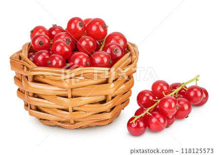 Red currant berries in a wicker basket isolated on white background Red currant berries in a wicker basket isolated on white background 118125573