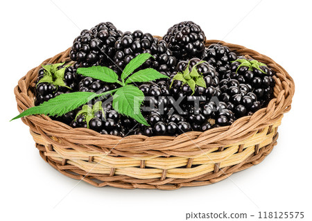 blackberry with leaf in in a wicker basket isolated on a white background closeup. 118125575