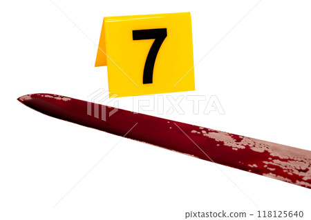 forensic concept - knife in blood and evidence marker at crime scene. on transparent background. High quality photo 118125640