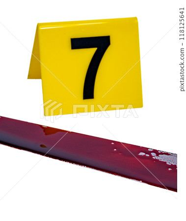 forensic concept - knife in blood and evidence marker at crime scene. on transparent background. High quality photo forensic concept - knife in blood and evidence marker at crime scene. on transparent background. High quality photo 118125641