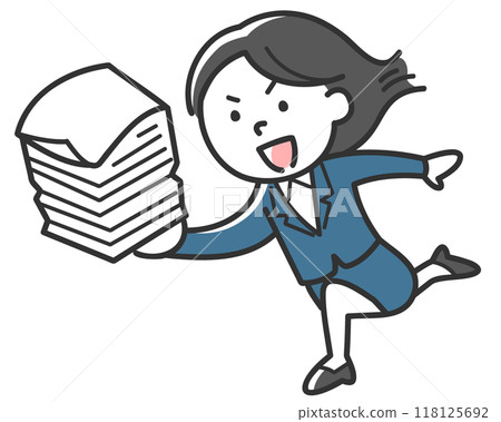 A female employee in a suit presenting a pile of documents A female employee in a suit presenting a pile of documents 118125692