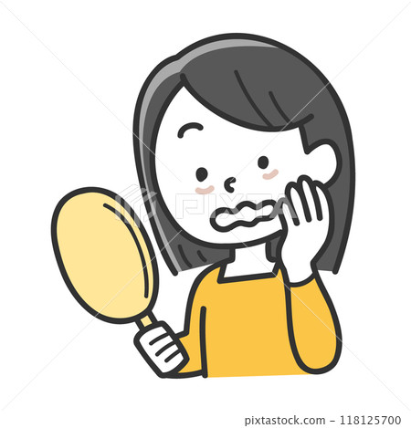 Illustration of a woman holding a hand mirror and worrying about dark circles under her eyes 118125700